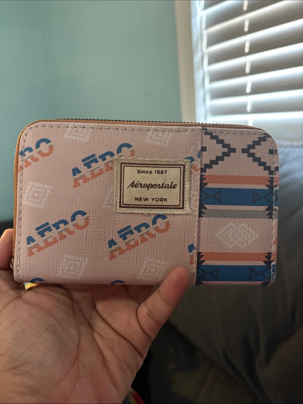 Aeropostale Pink & Blue Patterned Zip Card Holder